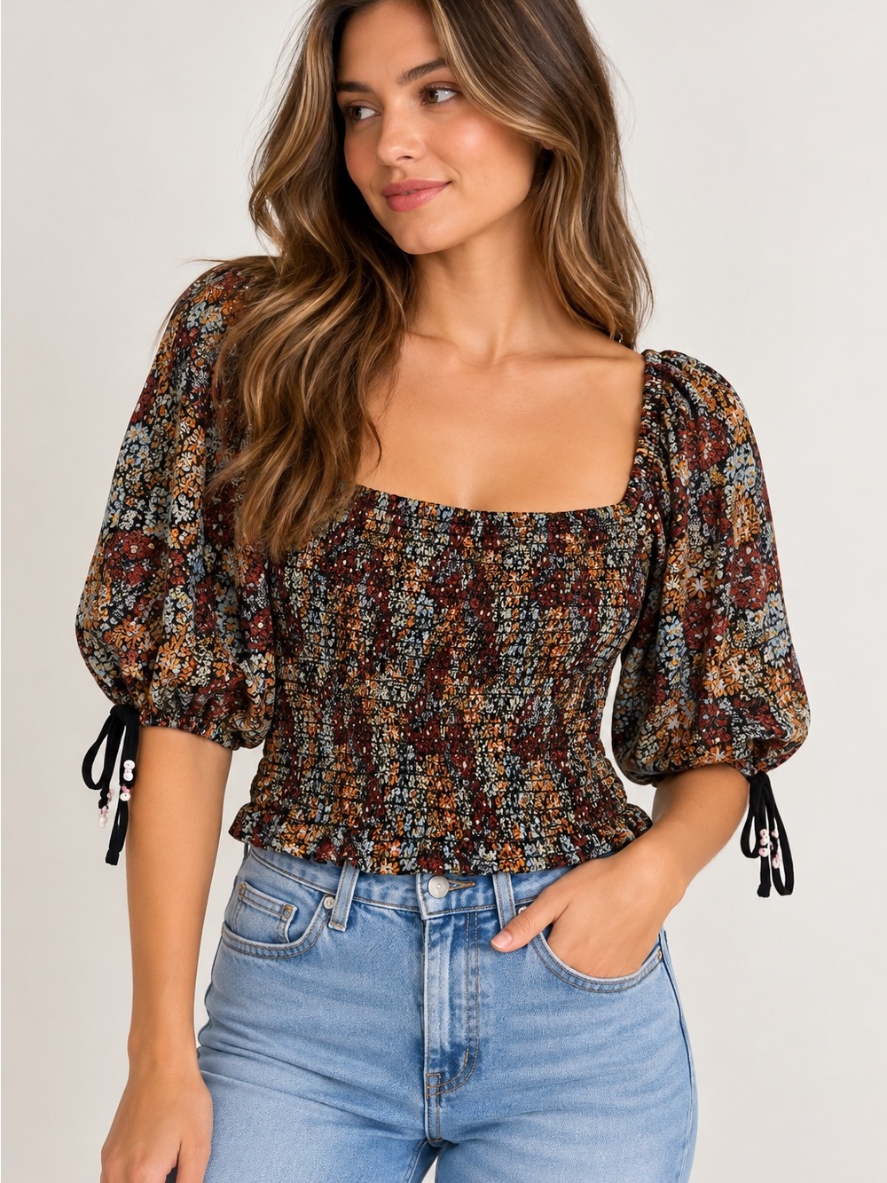 Free People Floral Smocked Puff Sleeve Crop Top Black Orange Blue Boho S